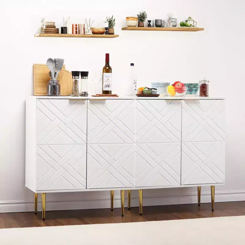 Meuble de rangement, Buffet avec portes embossées et accents dorés - Enfilade moderne en bois avec étagère pour Salon Cuisine Entrée, Blanc