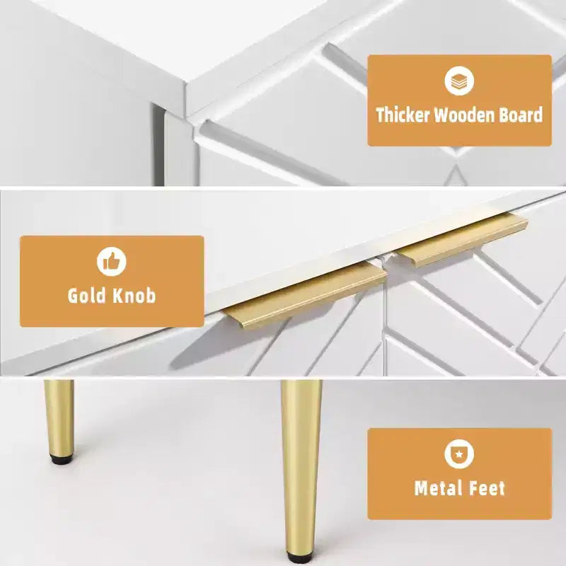 Meuble de rangement, Buffet avec portes embossées et accents dorés - Enfilade moderne en bois avec étagère pour Salon Cuisine Entrée, Blanc