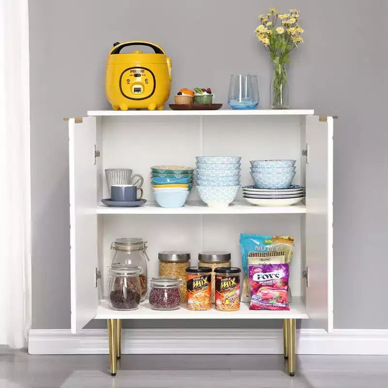 Meuble de rangement, Buffet avec portes embossées et accents dorés - Enfilade moderne en bois avec étagère pour Salon Cuisine Entrée, Blanc