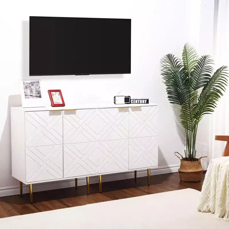 Meuble de rangement, Buffet avec portes embossées et accents dorés - Enfilade moderne en bois avec étagère pour Salon Cuisine Entrée, Blanc