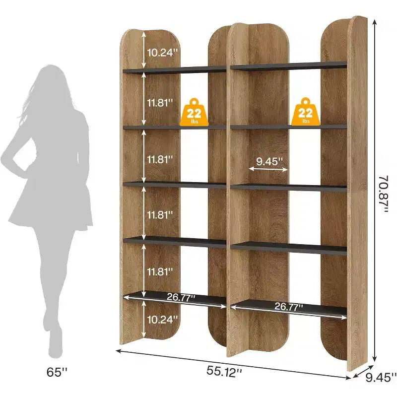 Bibliothèque Lantine à 5 niveaux, étagère double de 180 cm de haut avec étagères ouvertes, bibliothèque autoportante pour bureau à domicile, salon
