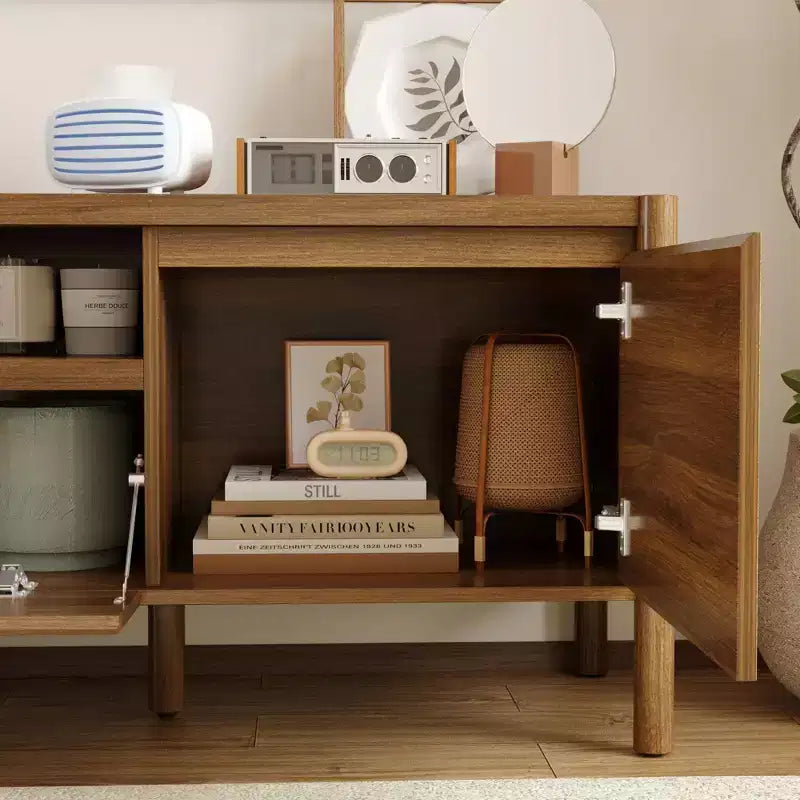 Meuble TV Moderne de Style Minimaliste Naturel avec Pieds en Bois Massif - Organisez Médias et Décoration, Rangement Spacieux