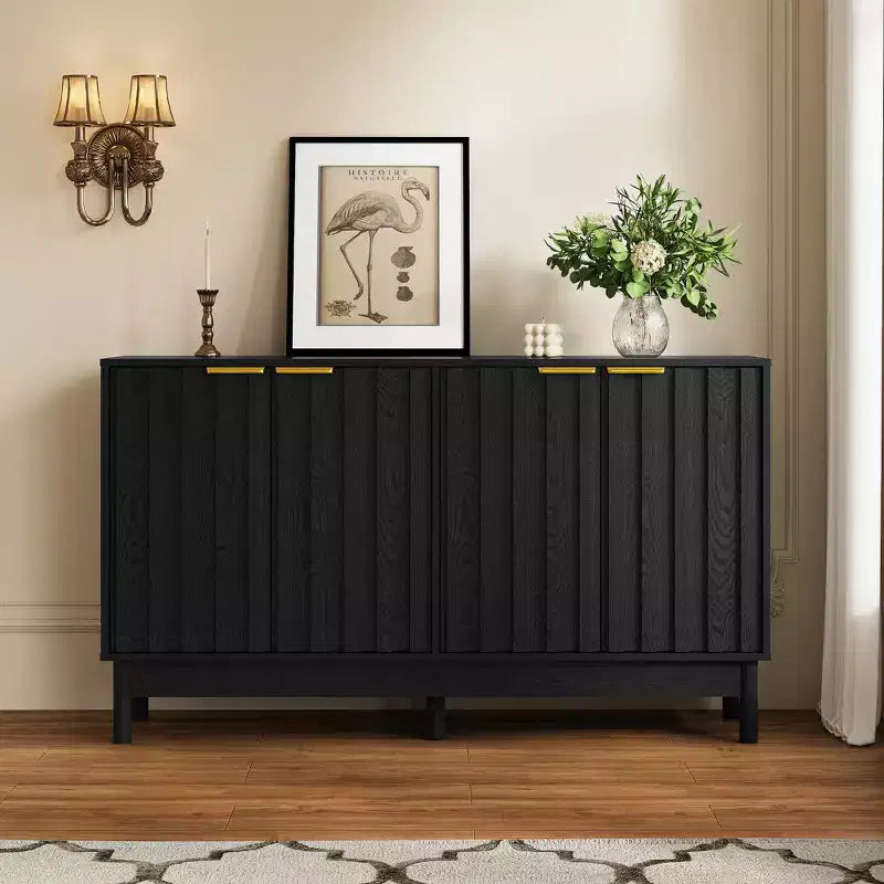 Buffet de cuisine de 140 cm avec rangement, buffet cannelé avec portes et étagères réglables, console en bois, meuble bar à café