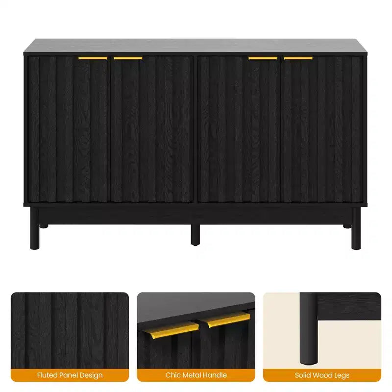Buffet de cuisine de 140 cm avec rangement, buffet cannelé avec portes et étagères réglables, console en bois, meuble bar à café