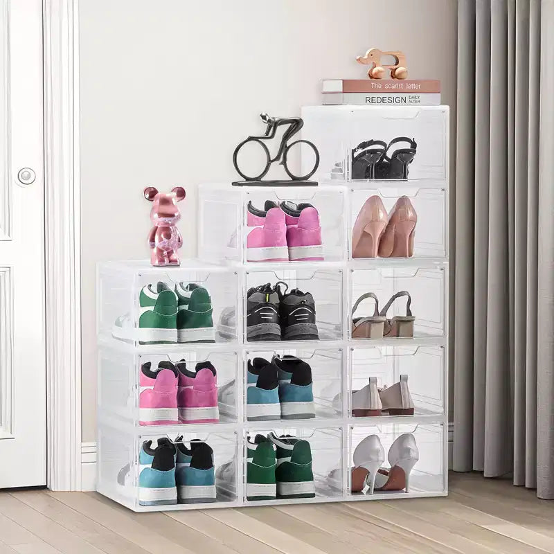 Boîtes de rangement pour chaussures, lot de 12 boîtes à chaussures empilables transparentes avec porte magnétique, conviennent jusqu'à la taille US 13, blanc transparent
