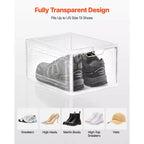 Boîtes de rangement pour chaussures, lot de 12 boîtes à chaussures empilables transparentes avec porte magnétique, conviennent jusqu'à la taille US 13, blanc transparent