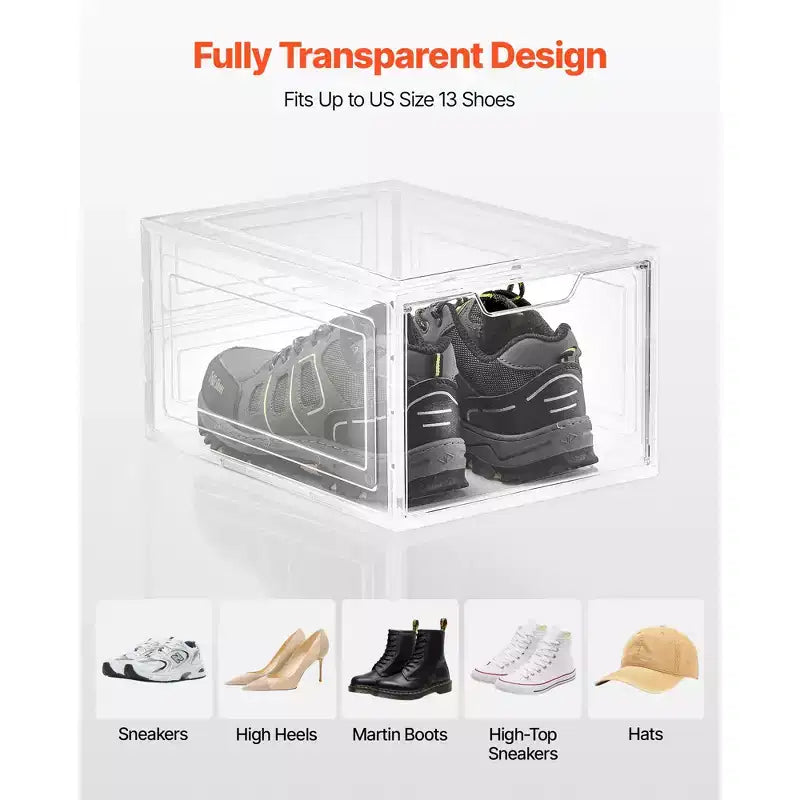Boîtes de rangement pour chaussures, lot de 12 boîtes à chaussures empilables transparentes avec porte magnétique, conviennent jusqu'à la taille US 13, blanc transparent