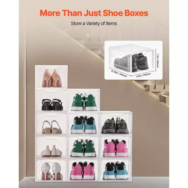 Boîtes de rangement pour chaussures, lot de 12 boîtes à chaussures empilables transparentes avec porte magnétique, conviennent jusqu'à la taille US 13, blanc transparent