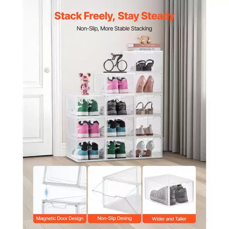 Boîtes de rangement pour chaussures, lot de 12 boîtes à chaussures empilables transparentes avec porte magnétique, conviennent jusqu'à la taille US 13, blanc transparent