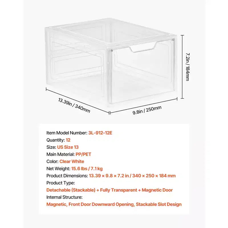 Boîtes de rangement pour chaussures, lot de 12 boîtes à chaussures empilables transparentes avec porte magnétique, conviennent jusqu'à la taille US 13, blanc transparent