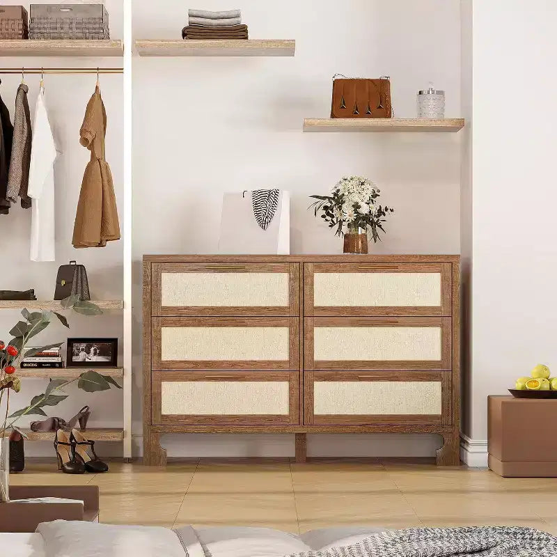 Commode 6 tiroirs style Mid-Century - Rangement en toile de jute et bois pour chambre, salon ou chambre d'enfant