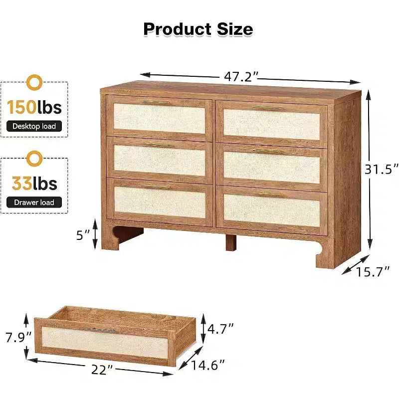 Commode 6 tiroirs style Mid-Century - Rangement en toile de jute et bois pour chambre, salon ou chambre d'enfant