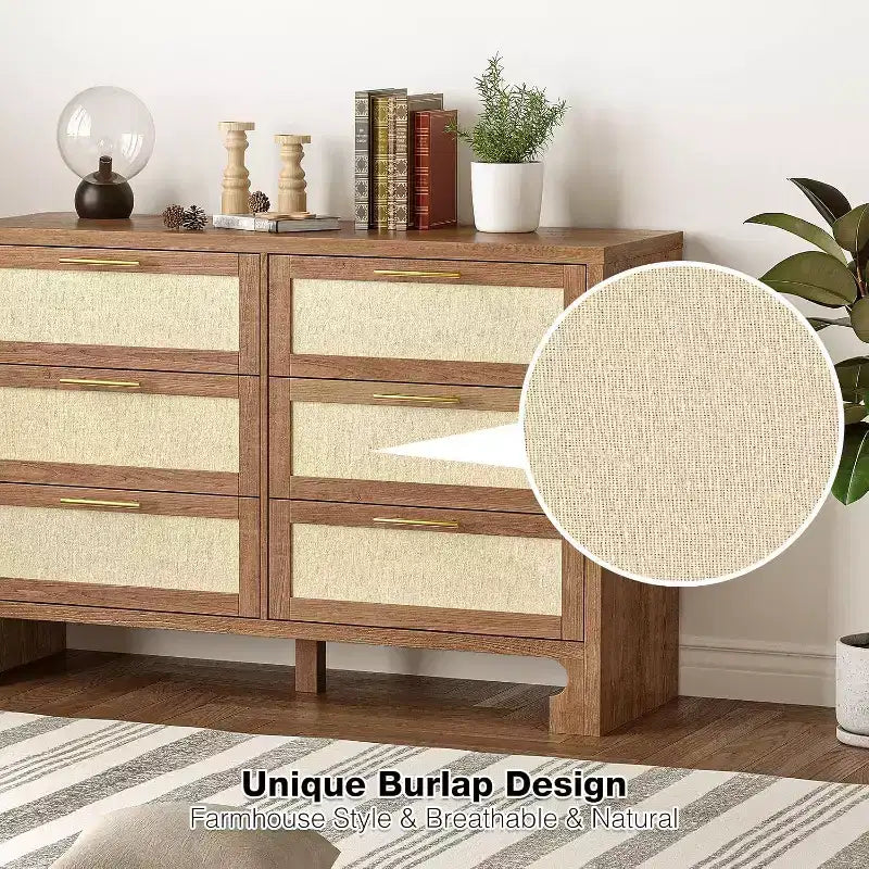 Commode 6 tiroirs style Mid-Century - Rangement en toile de jute et bois pour chambre, salon ou chambre d'enfant