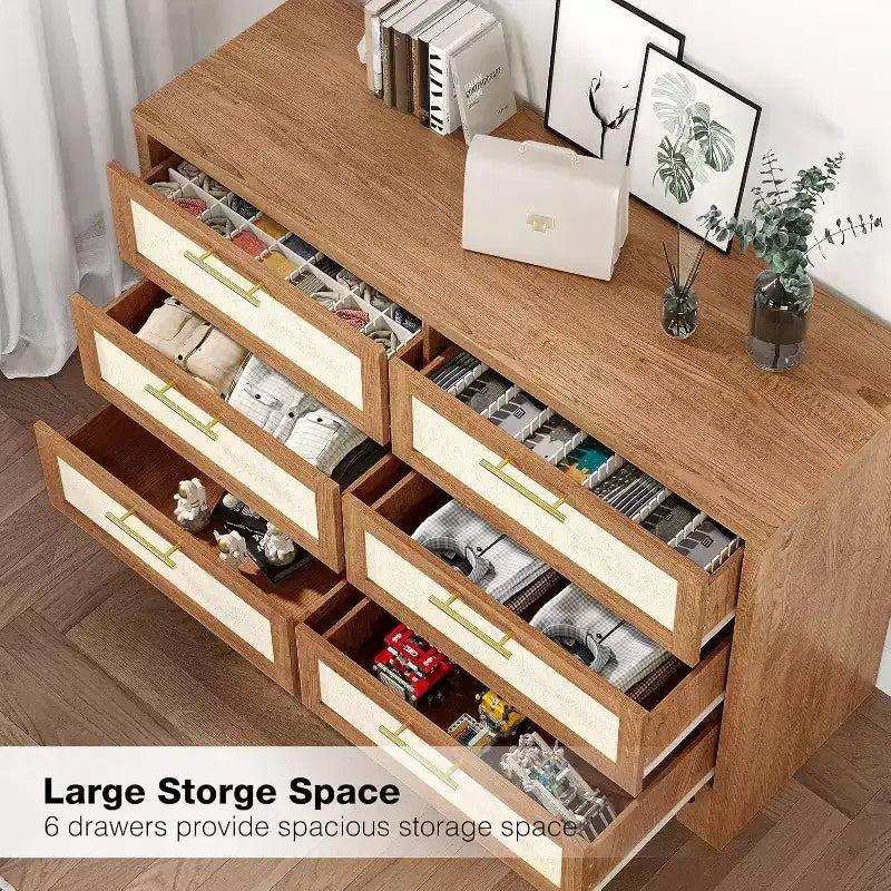 Commode 6 tiroirs style Mid-Century - Rangement en toile de jute et bois pour chambre, salon ou chambre d'enfant