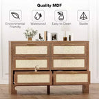 Commode 6 tiroirs style Mid-Century - Rangement en toile de jute et bois pour chambre, salon ou chambre d'enfant