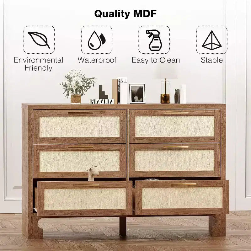 Commode 6 tiroirs style Mid-Century - Rangement en toile de jute et bois pour chambre, salon ou chambre d'enfant