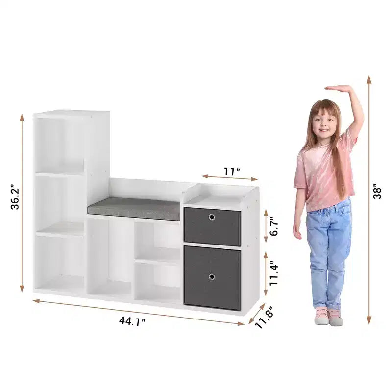 Étagère à livres pour enfants avec rangement de jouets, bibliothèque pour enfants avec siège rembourré – Coin lecture et organiseur de rangement 3-en-1, 112 cm de large pour salle de jeux