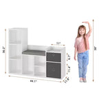 Étagère à livres pour enfants avec rangement de jouets, bibliothèque pour enfants avec siège rembourré – Coin lecture et organiseur de rangement 3-en-1, 112 cm de large pour salle de jeux