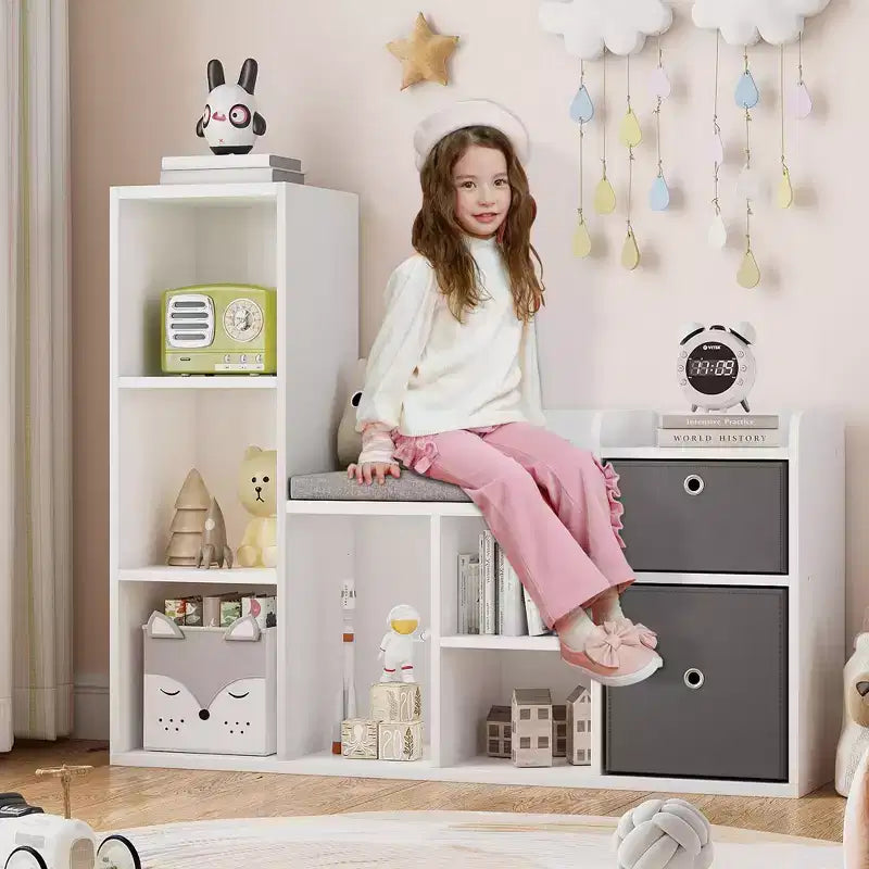 Étagère à livres pour enfants avec rangement de jouets, bibliothèque pour enfants avec siège rembourré – Coin lecture et organiseur de rangement 3-en-1, 112 cm de large pour salle de jeux