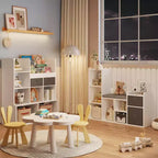 Étagère à livres pour enfants avec rangement de jouets, bibliothèque pour enfants avec siège rembourré – Coin lecture et organiseur de rangement 3-en-1, 112 cm de large pour salle de jeux