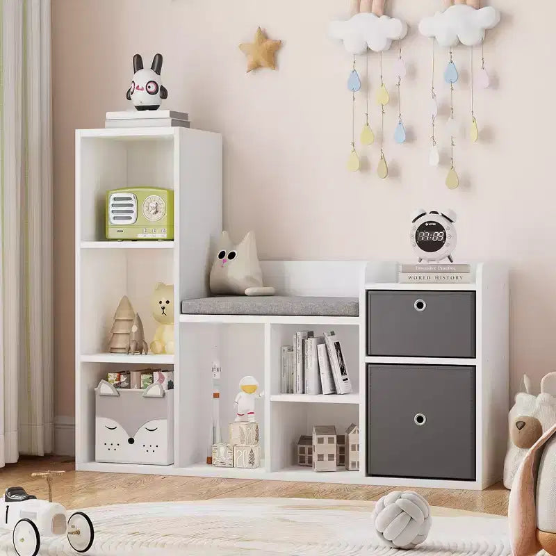 Étagère à livres pour enfants avec rangement de jouets, bibliothèque pour enfants avec siège rembourré – Coin lecture et organiseur de rangement 3-en-1, 112 cm de large pour salle de jeux