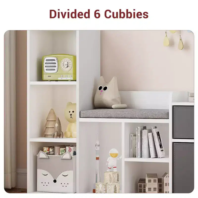 Étagère à livres pour enfants avec rangement de jouets, bibliothèque pour enfants avec siège rembourré – Coin lecture et organiseur de rangement 3-en-1, 112 cm de large pour salle de jeux