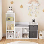 Étagère à livres pour enfants avec rangement de jouets, bibliothèque pour enfants avec siège rembourré – Coin lecture et organiseur de rangement 3-en-1, 112 cm de large pour salle de jeux