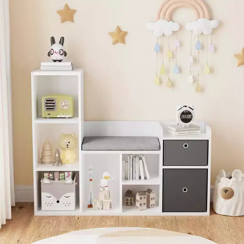 Étagère à livres pour enfants avec rangement de jouets, bibliothèque pour enfants avec siège rembourré – Coin lecture et organiseur de rangement 3-en-1, 112 cm de large pour salle de jeux