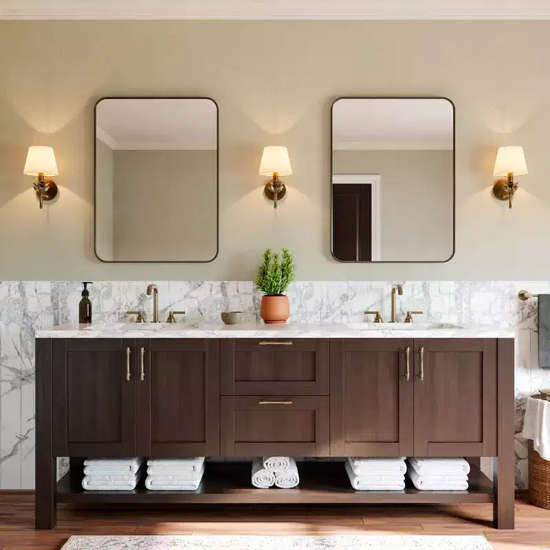 Miroir de salle de bain, Miroir de courtoisie rectangulaire arrondi pour lavabo, Miroir mural, Verre trempé HD et cadre en aluminium antirouille