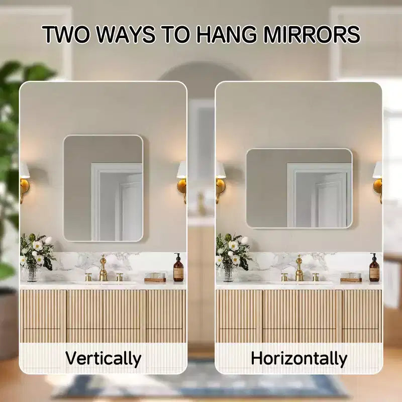 Miroir de salle de bain, Miroir de courtoisie rectangulaire arrondi pour lavabo, Miroir mural, Verre trempé HD et cadre en aluminium antirouille