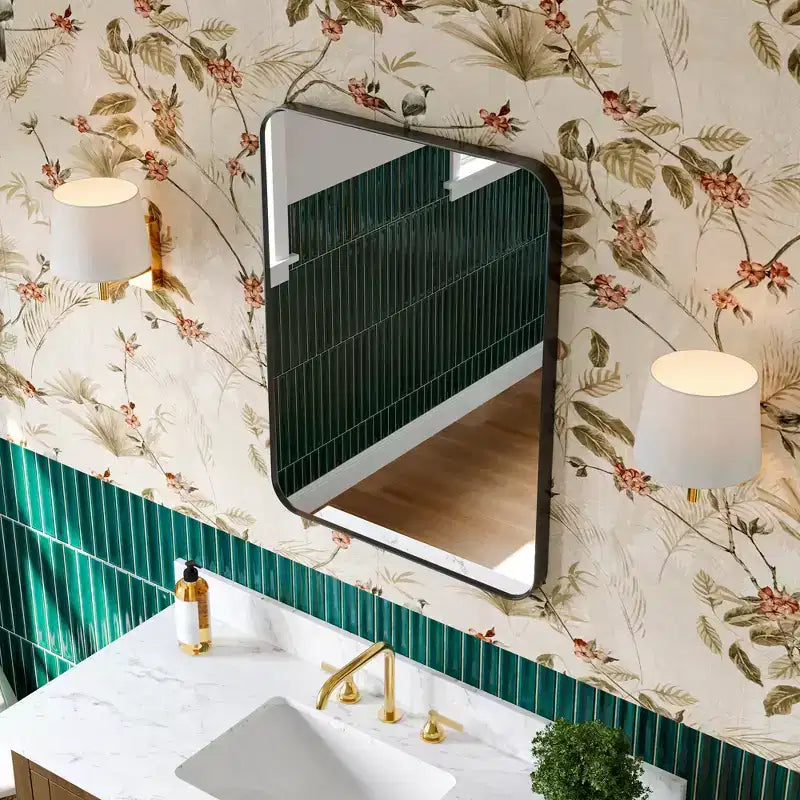 Miroir de salle de bain, Miroir de courtoisie rectangulaire arrondi pour lavabo, Miroir mural, Verre trempé HD et cadre en aluminium antirouille
