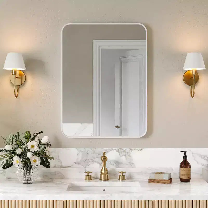 Miroir de salle de bain, Miroir de courtoisie rectangulaire arrondi pour lavabo, Miroir mural, Verre trempé HD et cadre en aluminium antirouille