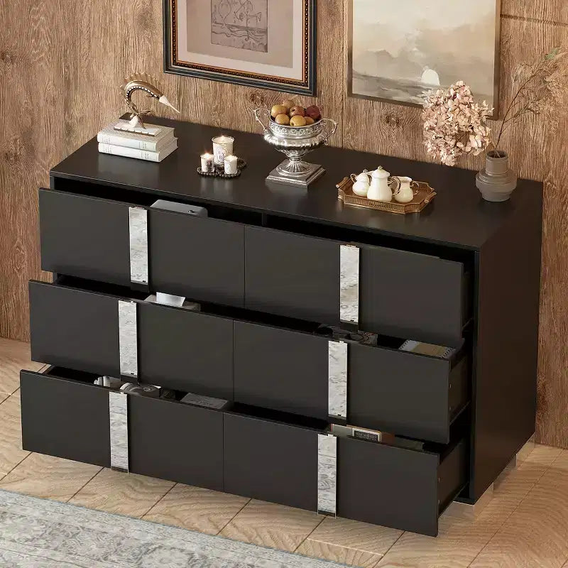 Commode à 6 tiroirs, commode en bois avec poignée en métal, armoire de rangement miroir pour chambre à coucher