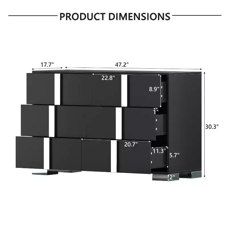 Commode à 6 tiroirs, commode en bois avec poignée en métal, armoire de rangement miroir pour chambre à coucher
