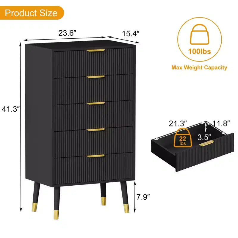 Commode à 5 tiroirs pour chambre à coucher, commode de chambre moderne, commode de rangement, meuble de rangement, petite table de chevet cannelée pour chambre à coucher