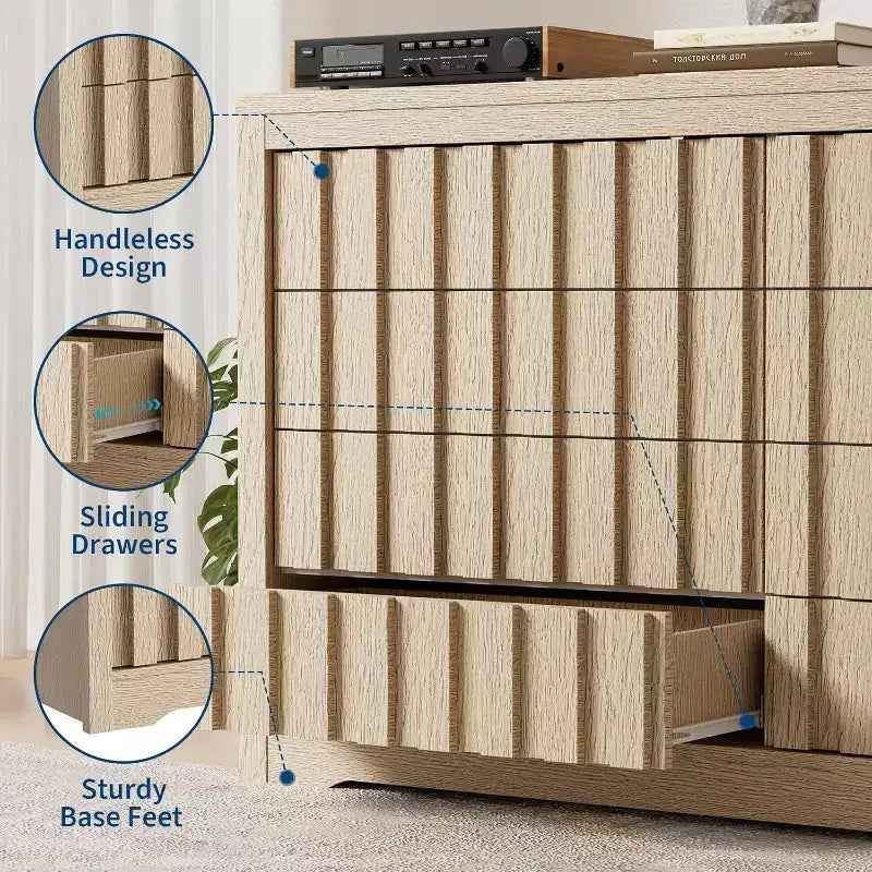 Commode cannelée à 8 tiroirs - Design sans poignée avec rangement profond pour chambre et salon