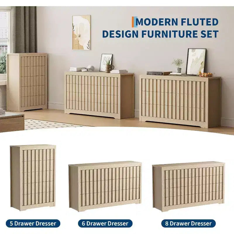 Commode cannelée à 8 tiroirs - Design sans poignée avec rangement profond pour chambre et salon