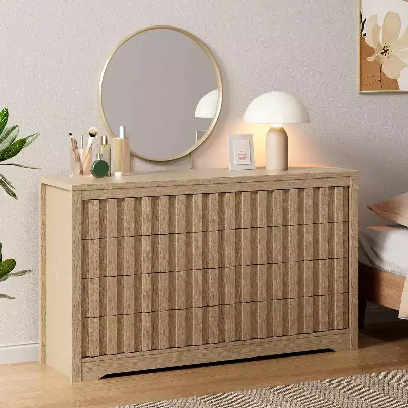 Commode cannelée à 8 tiroirs - Design sans poignée avec rangement profond pour chambre et salon