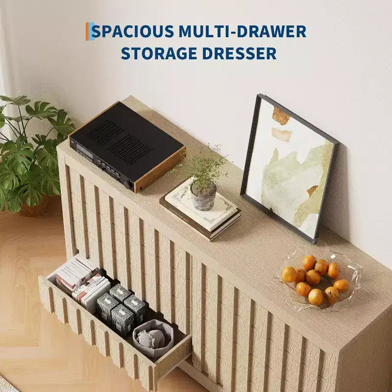 Commode cannelée à 8 tiroirs - Design sans poignée avec rangement profond pour chambre et salon