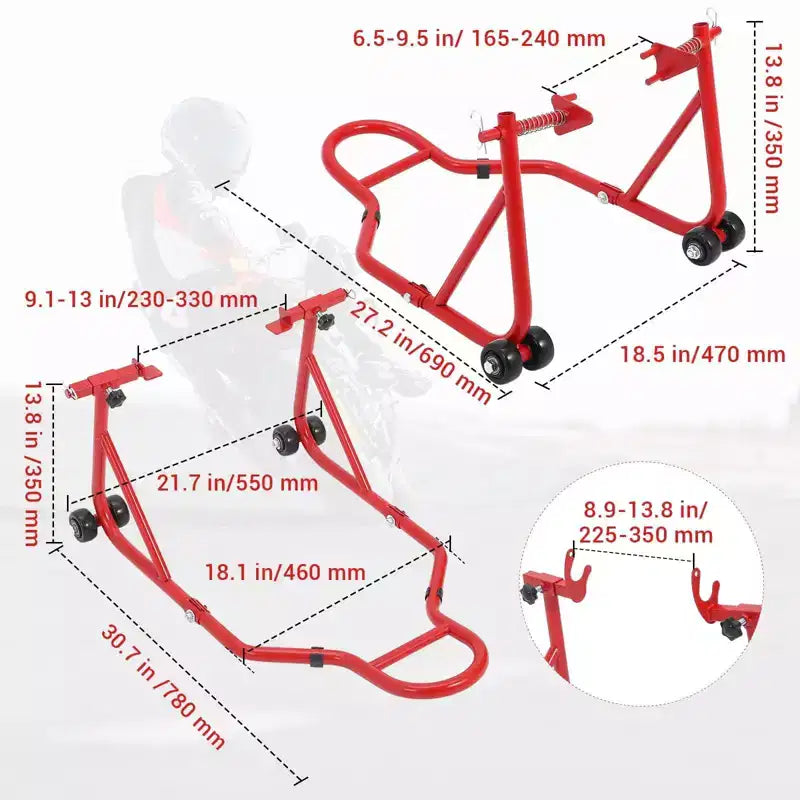 Béquille de moto, lève-moto robuste de 385 kg avec roues - Support avant et arrière réglable pour tous les modèles