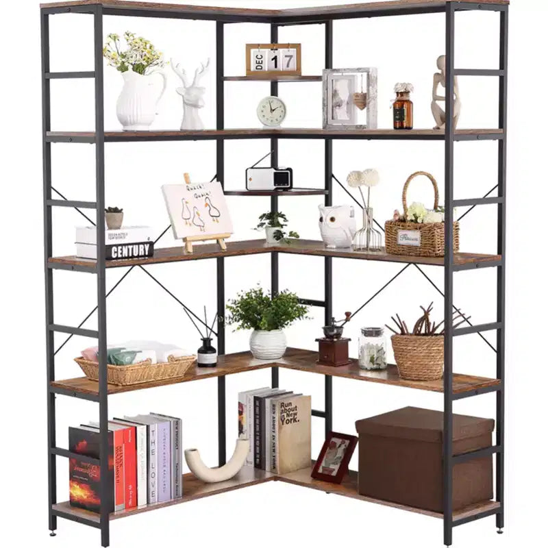 Étagère d'angle à 5 niveaux, étagères industrielles, bibliothèque haute en forme de L avec rangement et cadre en métal robuste pour chambre et salon