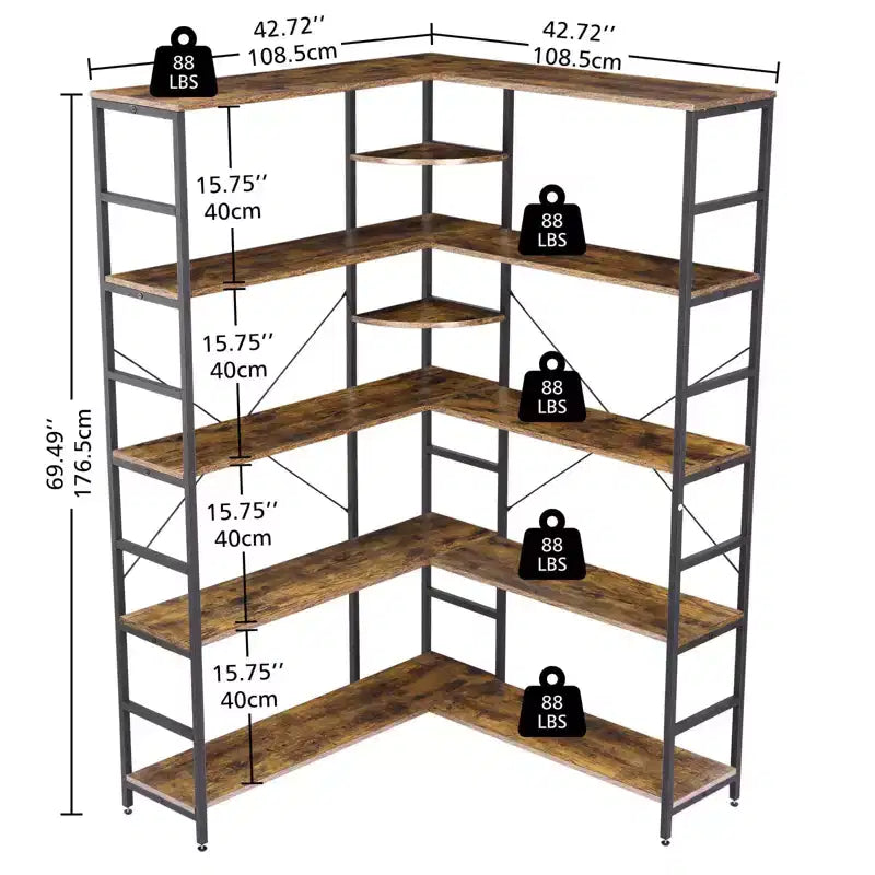 Étagère d'angle à 5 niveaux, étagères industrielles, bibliothèque haute en forme de L avec rangement et cadre en métal robuste pour chambre et salon