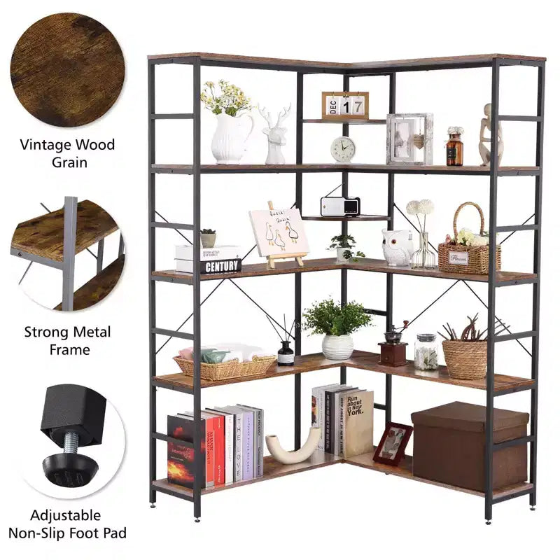 Étagère d'angle à 5 niveaux, étagères industrielles, bibliothèque haute en forme de L avec rangement et cadre en métal robuste pour chambre et salon