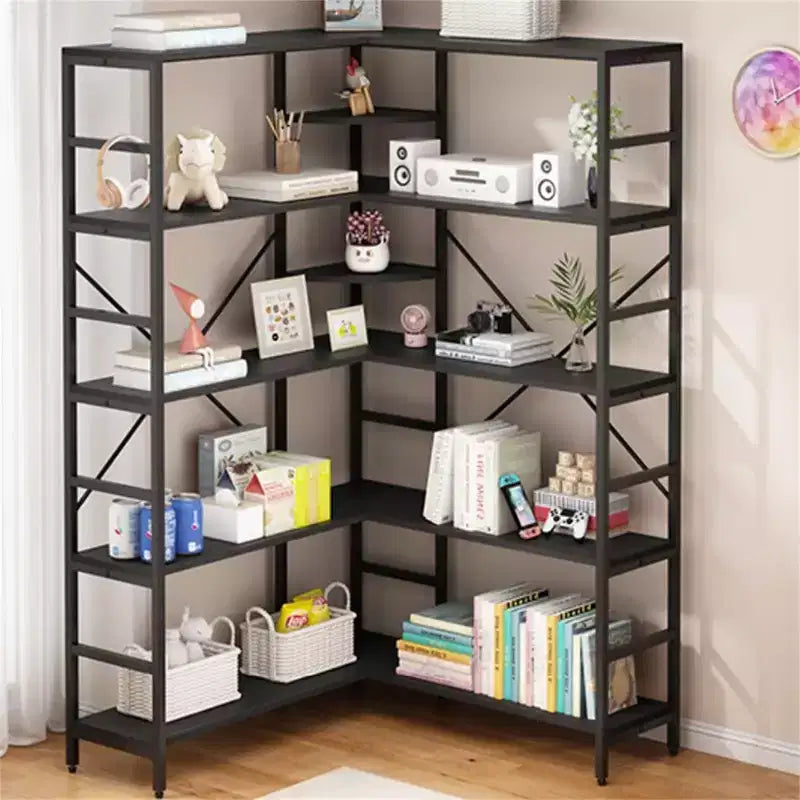 Étagère d'angle à 5 niveaux, étagères industrielles, bibliothèque haute en forme de L avec rangement et cadre en métal robuste pour chambre et salon