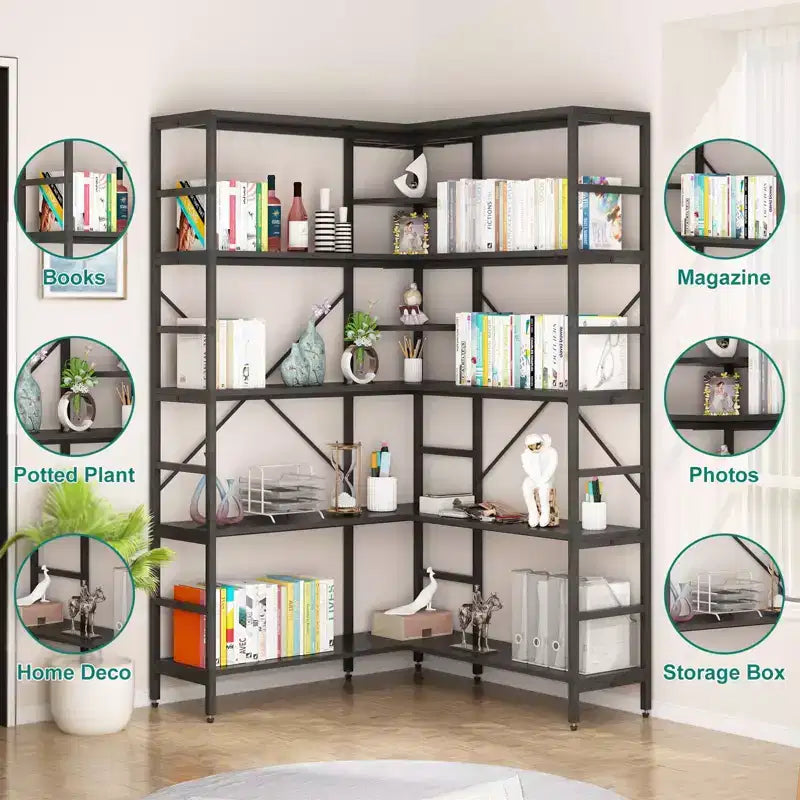 Étagère d'angle à 5 niveaux, étagères industrielles, bibliothèque haute en forme de L avec rangement et cadre en métal robuste pour chambre et salon