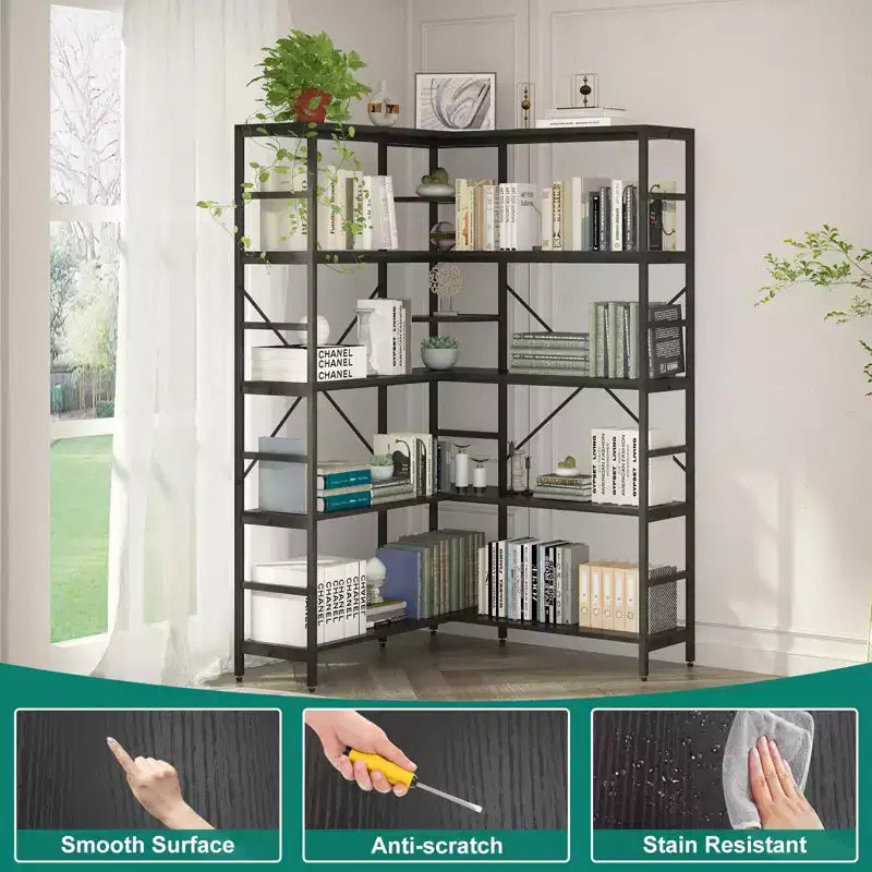 Étagère d'angle à 5 niveaux, étagères industrielles, bibliothèque haute en forme de L avec rangement et cadre en métal robuste pour chambre et salon