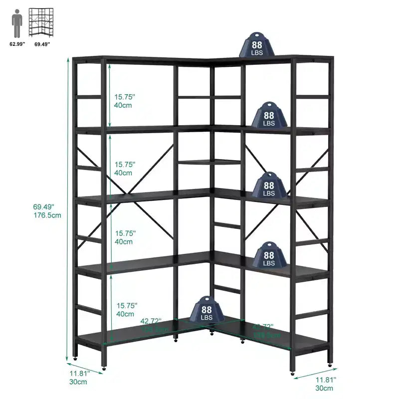 Étagère d'angle à 5 niveaux, étagères industrielles, bibliothèque haute en forme de L avec rangement et cadre en métal robuste pour chambre et salon
