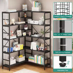 Étagère d'angle à 5 niveaux, étagères industrielles, bibliothèque haute en forme de L avec rangement et cadre en métal robuste pour chambre et salon