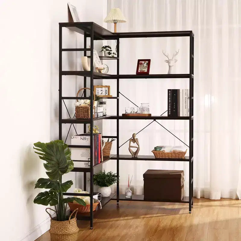 Étagère d'angle à 5 niveaux, étagères industrielles, bibliothèque haute en forme de L avec rangement et cadre en métal robuste pour chambre et salon
