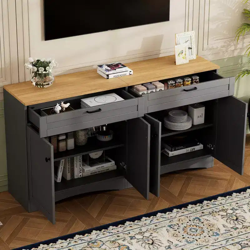 Meuble TV de ferme avec 2 tiroirs pour téléviseurs jusqu'à 70 pouces, buffet polyvalent en grain de bois, meuble de rangement de style Mid-Century